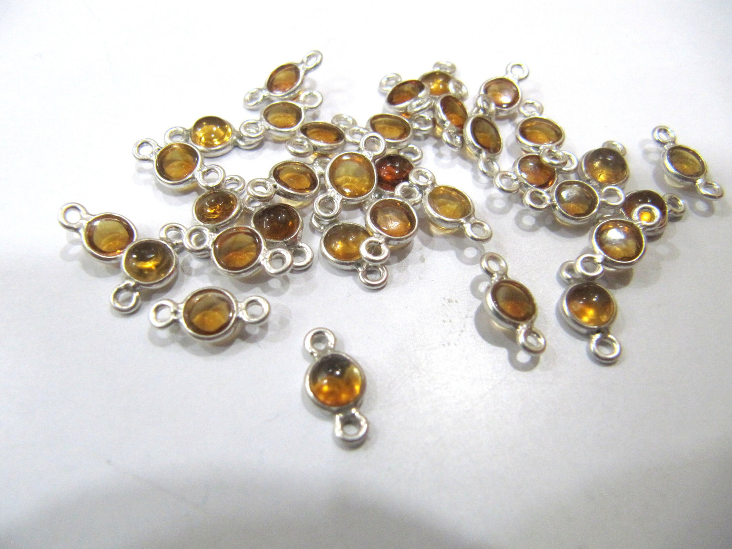 925 Sterling Silver Natural Citrine Gemstone Round Cabochon 5mm Briolette Bezel Connector Double Loop Charms Sold Per Piece