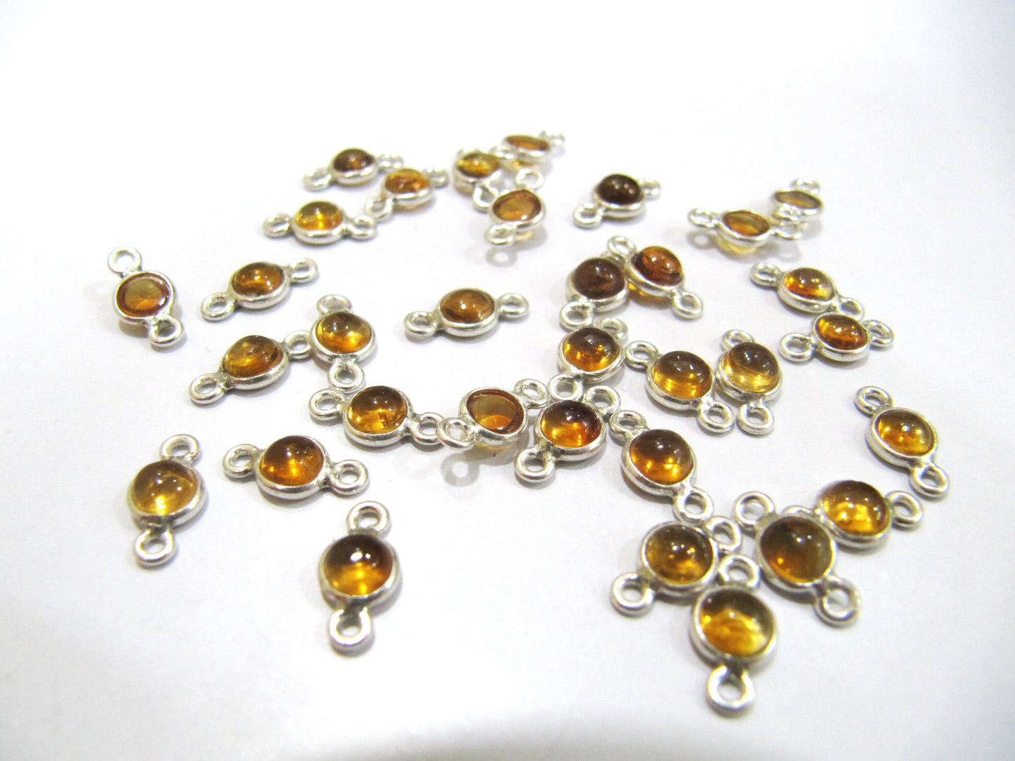 925 Sterling Silver Natural Citrine Gemstone Round Cabochon 5mm Briolette Bezel Connector Double Loop Charms Sold Per Piece