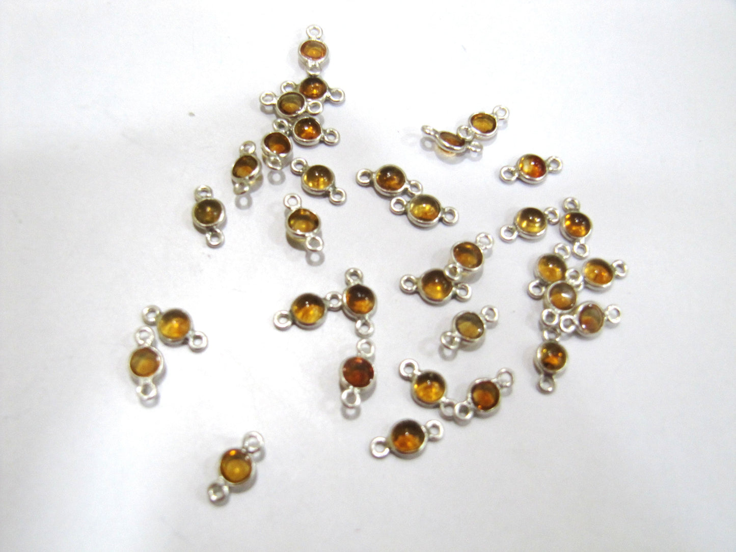 925 Sterling Silver Natural Citrine Gemstone Round Cabochon 5mm Briolette Bezel Connector Double Loop Charms Sold Per Piece