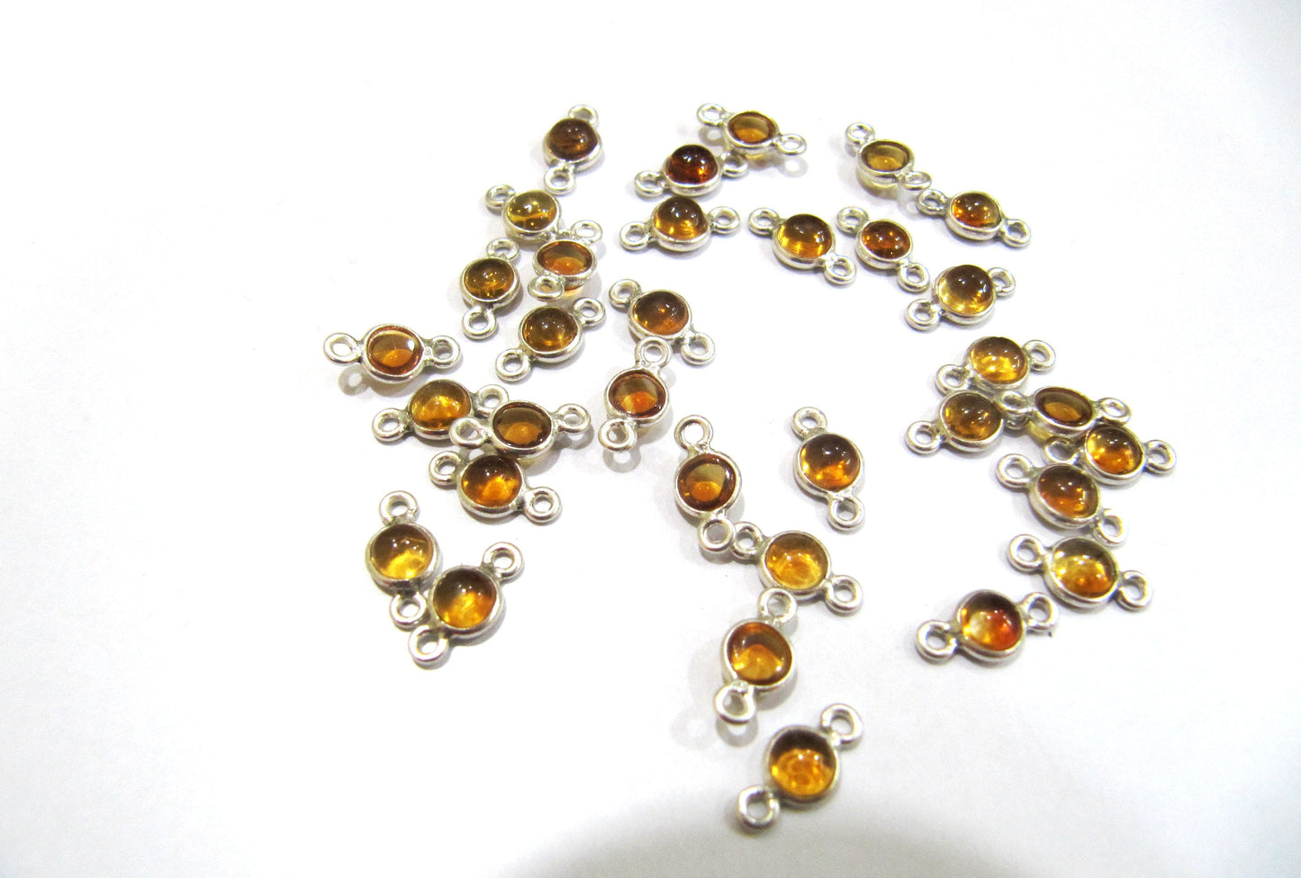 925 Sterling Silver Natural Citrine Gemstone Round Cabochon 5mm Briolette Bezel Connector Double Loop Charms Sold Per Piece