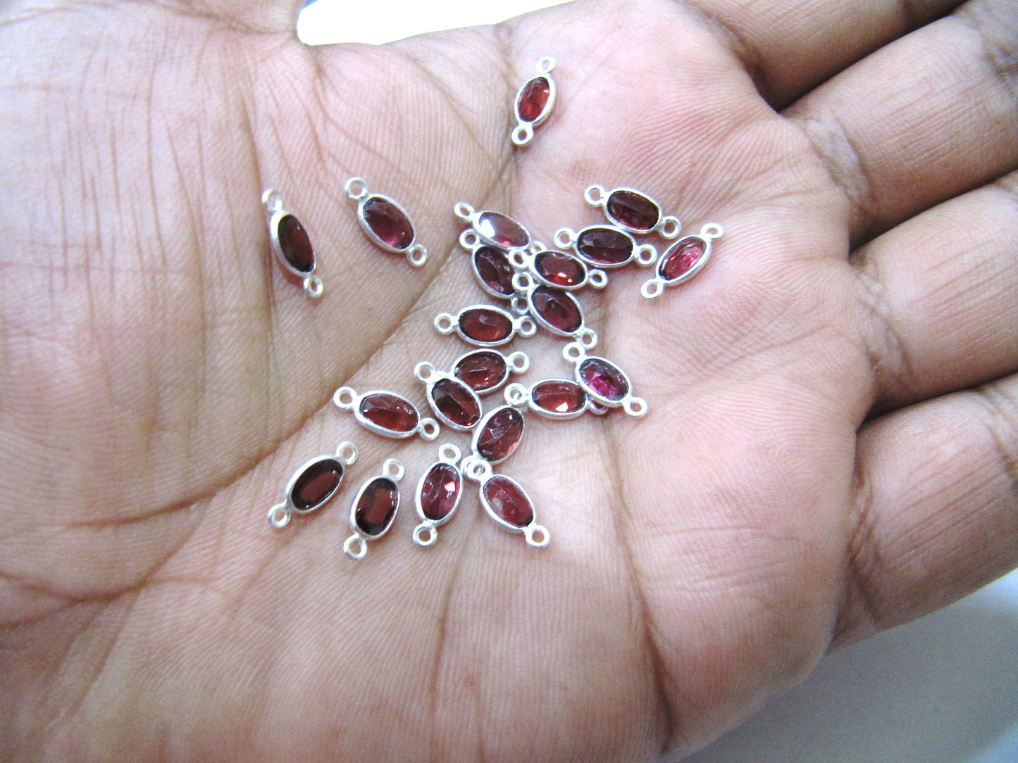 925 Sterling Silver Natural Garnet Oval shape Briolette Bezel Connector 4*6mm Double Loop charms Sold Per Piece