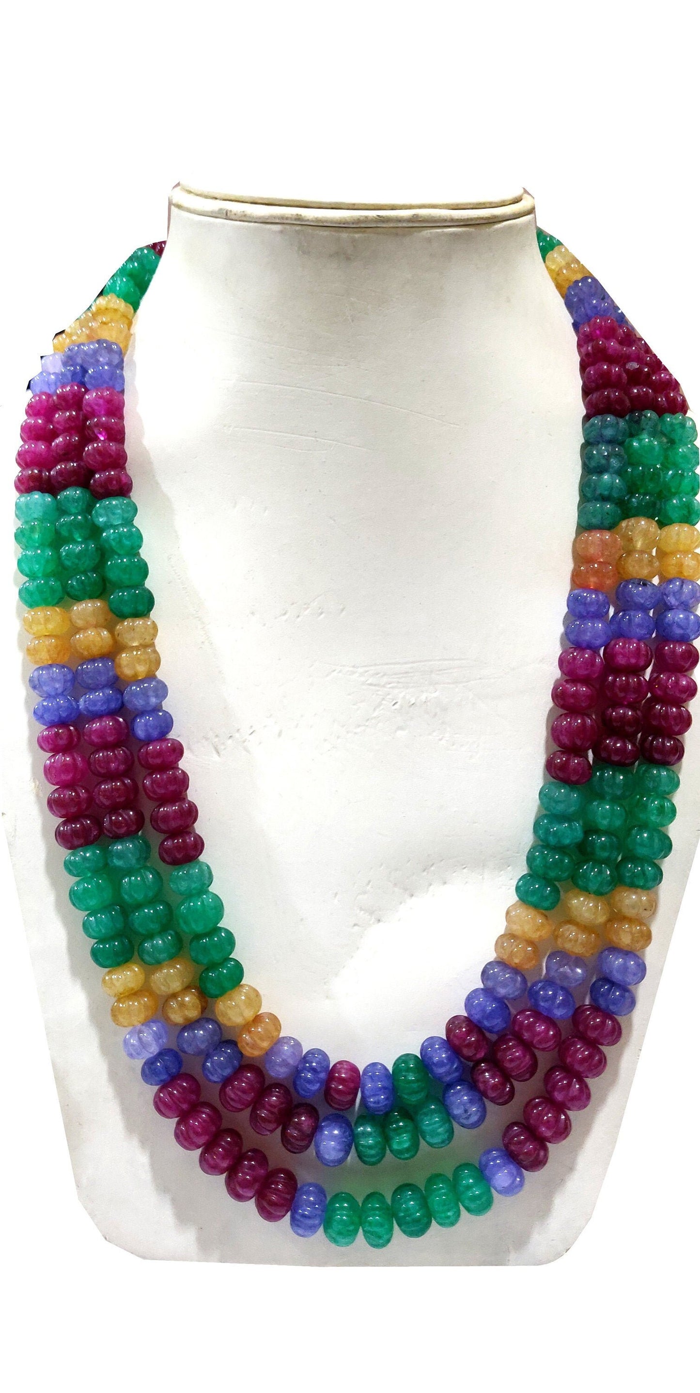 Multi Color Hand carved Watermelon Beads Three Layered Necklace 24 Inches long 3 Layered Beaded Necklace Jewellery