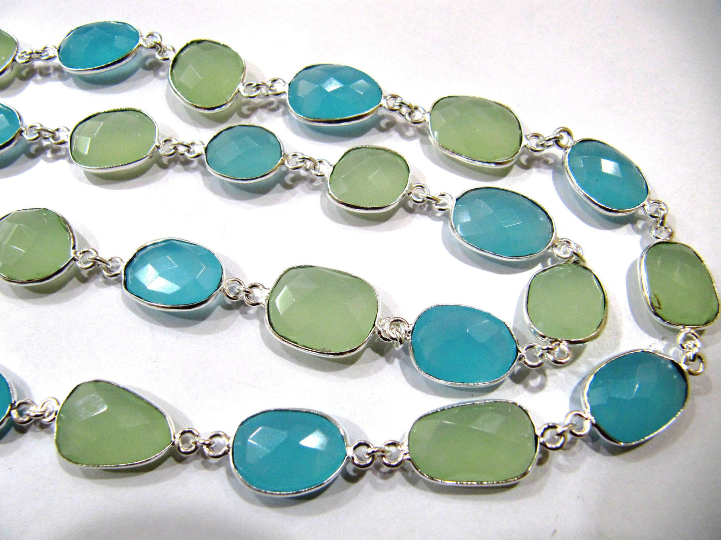 Multi color Green and Aqua Chalcedony free Shape Briolette 10 to 15mm Bezel Connector Chain Sold Per Foot choose the plating color
