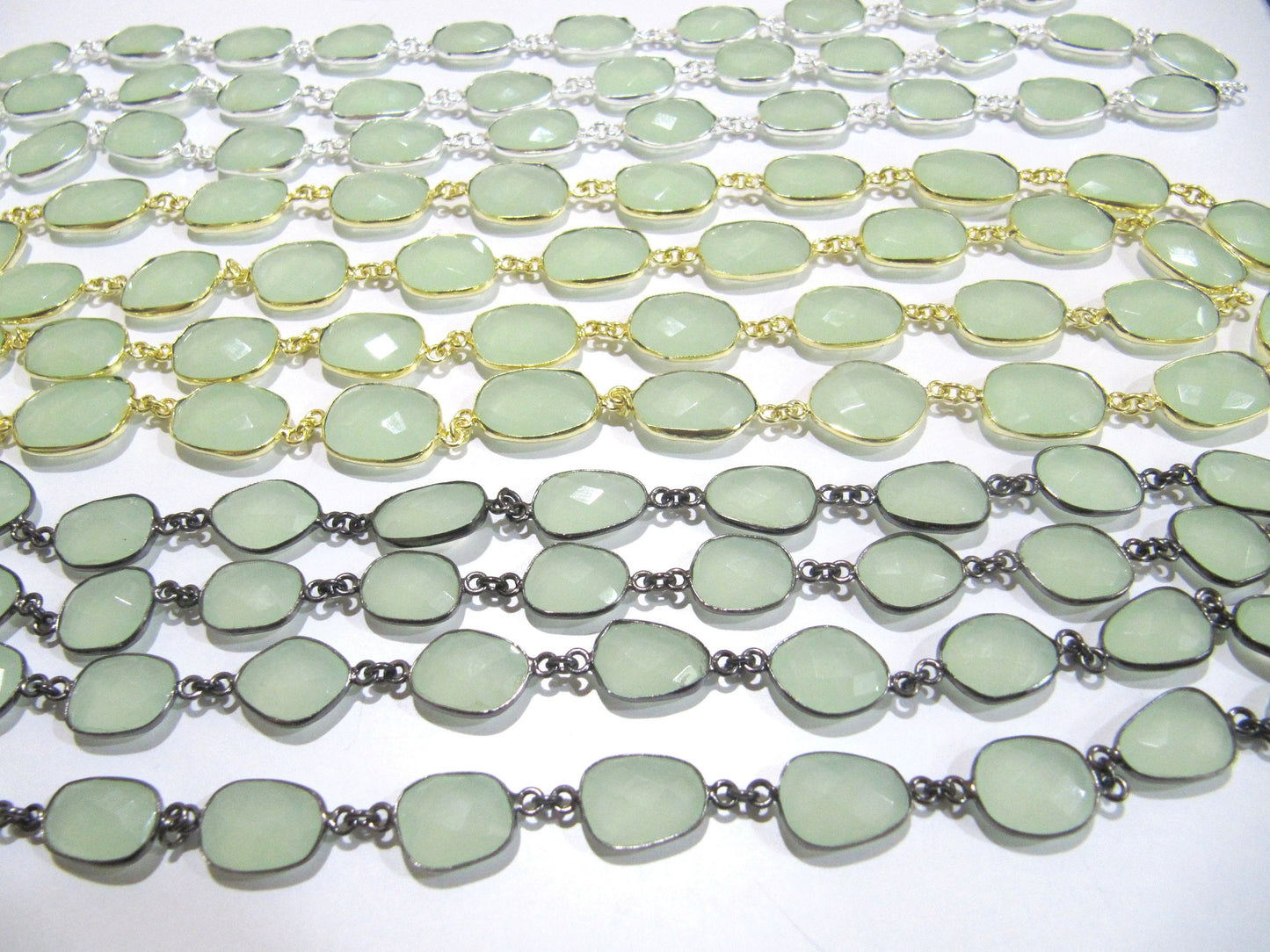 Aqua color Chalcedony free Shape Briolette 10 to 15mm Bezel Connector Chain Sold Per Foot choose the plating color