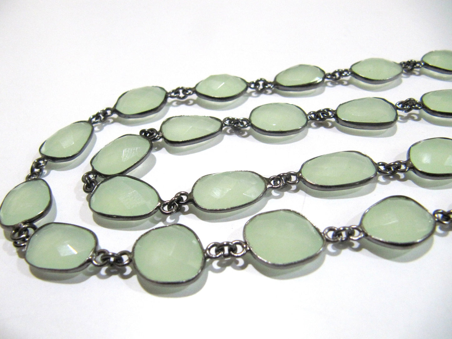 Aqua color Chalcedony free Shape Briolette 10 to 15mm Bezel Connector Chain Sold Per Foot choose the plating color