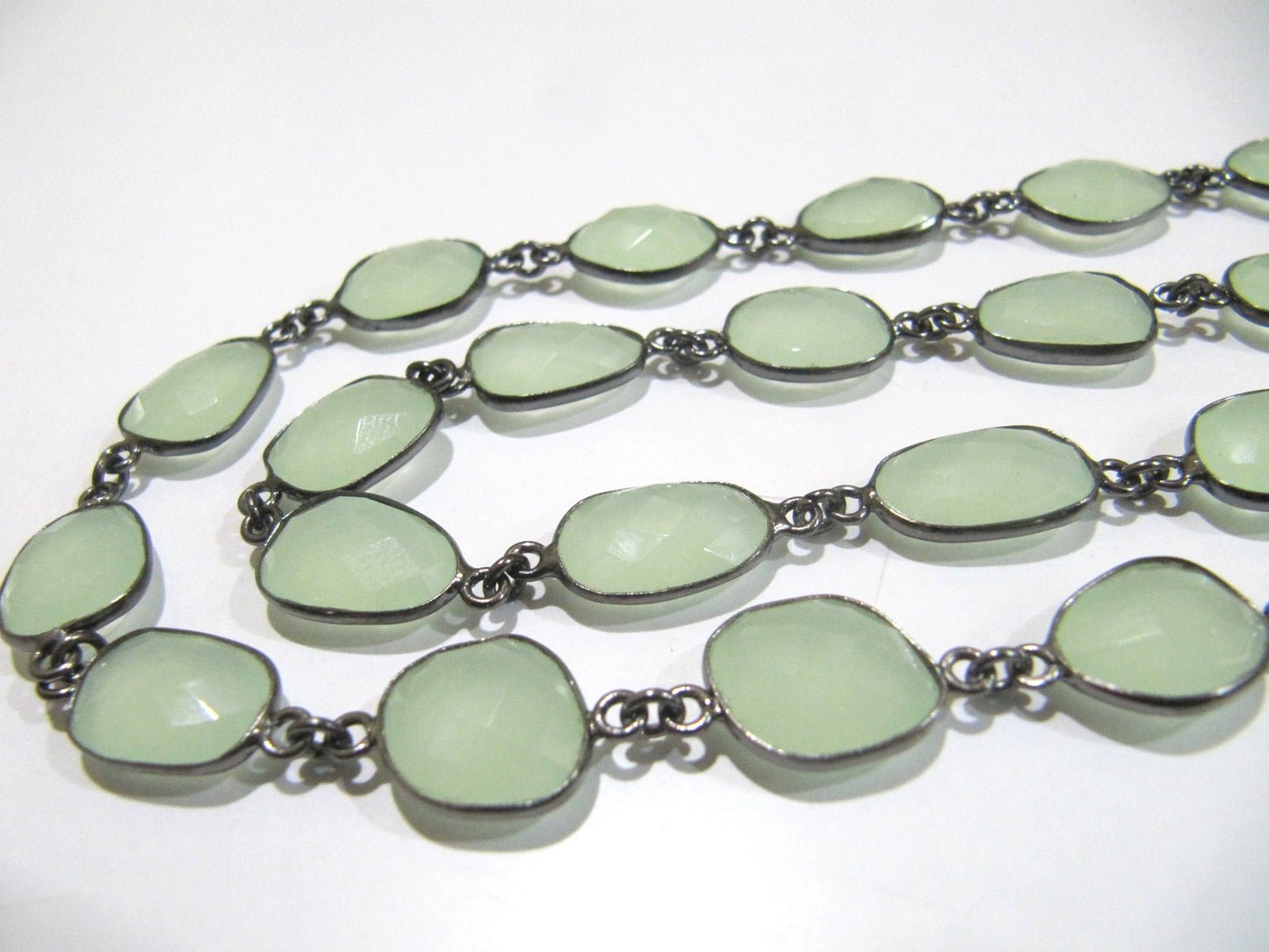 Aqua color Chalcedony free Shape Briolette 10 to 15mm Bezel Connector Chain Sold Per Foot choose the plating color