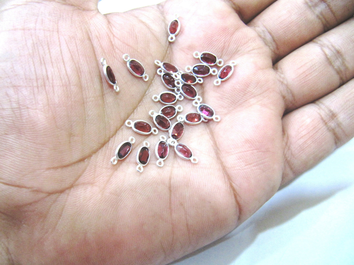 925 Sterling Silver Natural Garnet Oval shape Briolette Bezel Connector 4*6mm Double Loop charms Sold Per Piece