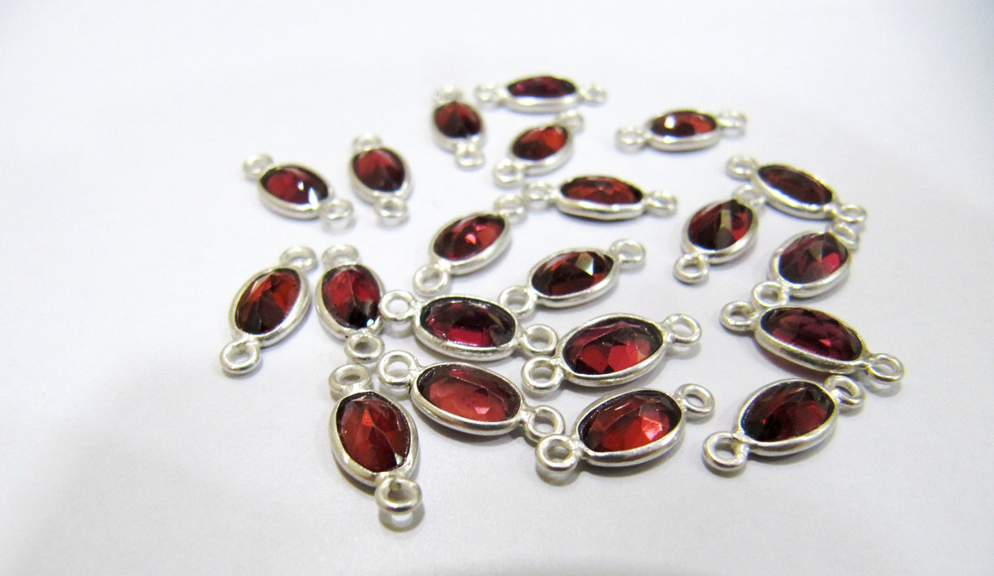 925 Sterling Silver Natural Garnet Oval shape Briolette Bezel Connector 4*6mm Double Loop charms Sold Per Piece