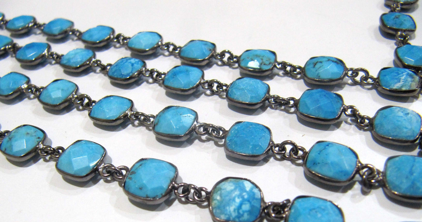 Natural Turquoise Magnesite Briolette Faceted Cushion shape 9mm size Bezel Connector Chain Wholesale Prices Handmade Jewelry chain per foot