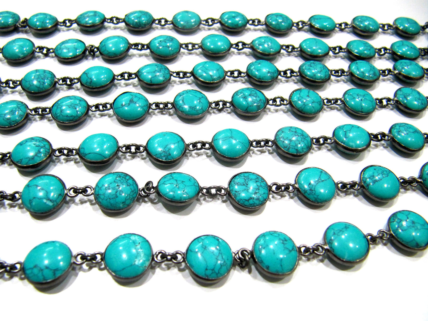 Turquoise Plain Smooth Round Coin Shape 11mm Bezel Connector Chain Black oxidized Sold Per Foot
