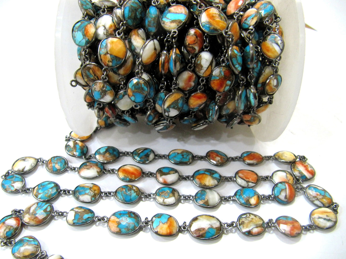 Natural Oyster Copper Turquoise Chain Free shape briolette 10to13mm Handmade Bezel Connector gemstone chain sold per foot