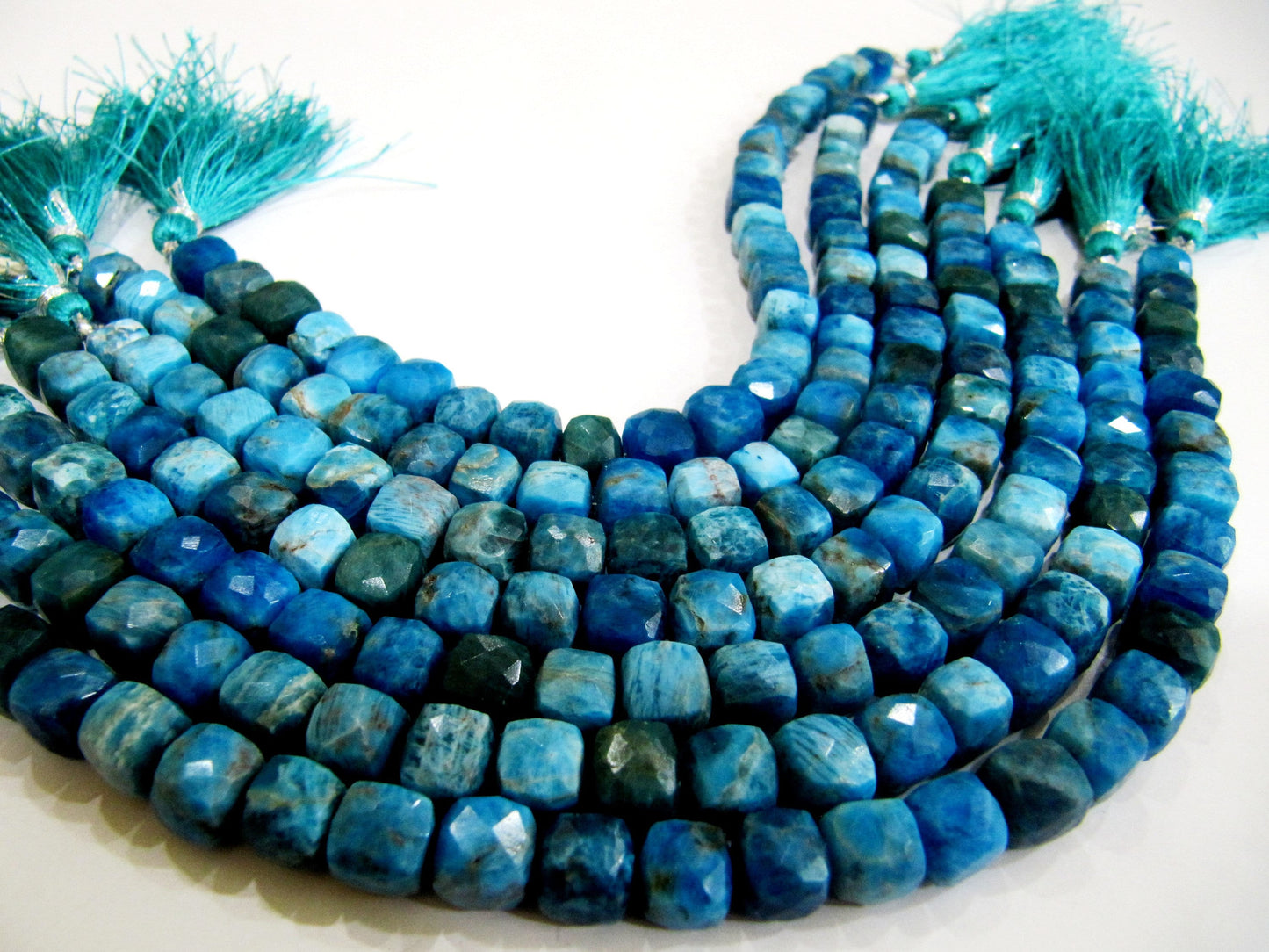 Natural Neon Apatite Beads 3D cube Box shape Briolette 6mm to 8mm beads strand 8 inches long Genuine Gemstone Blue color beads