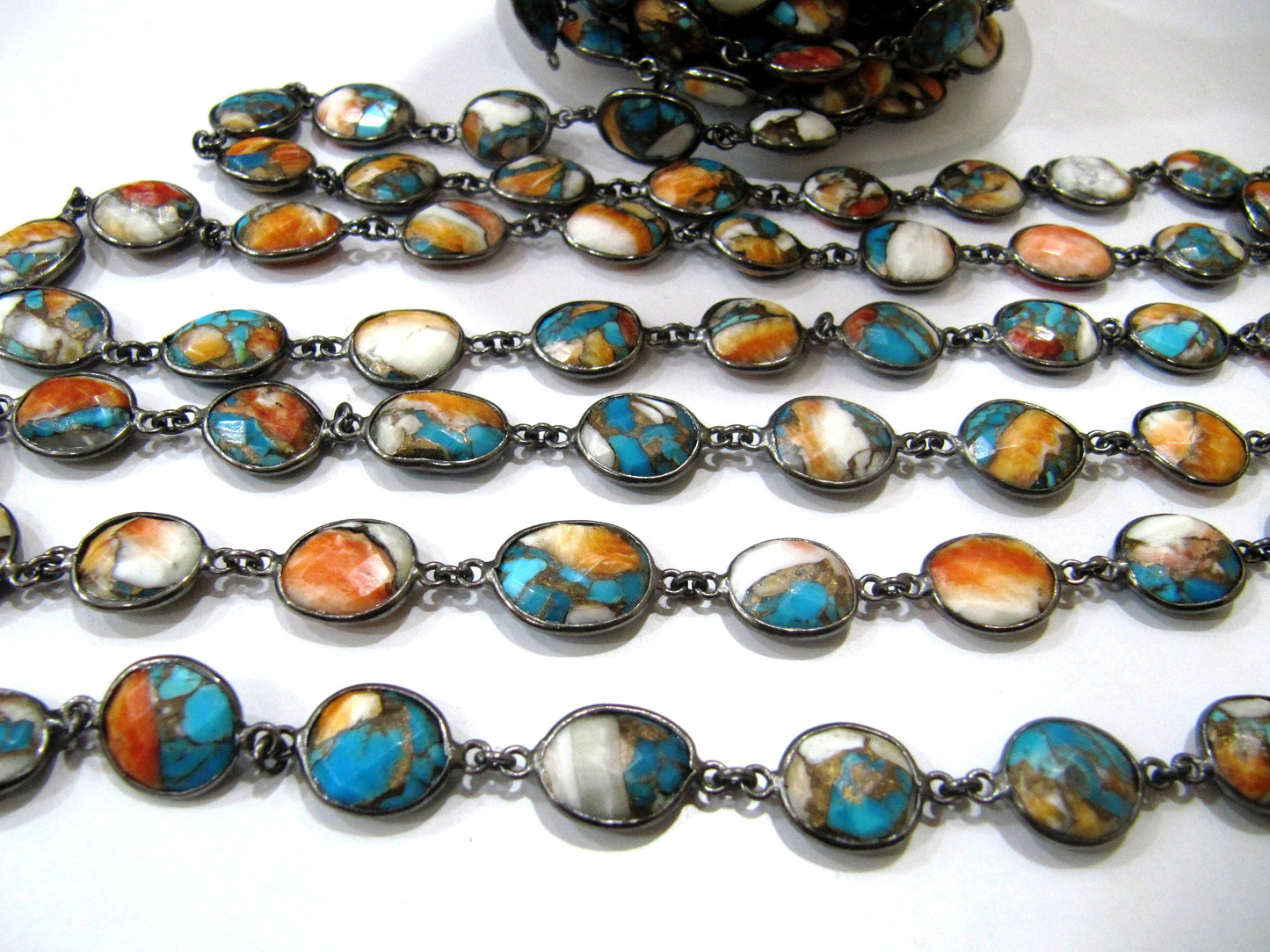 Natural Oyster Copper Turquoise Chain Free shape briolette 10to13mm Handmade Bezel Connector gemstone chain sold per foot