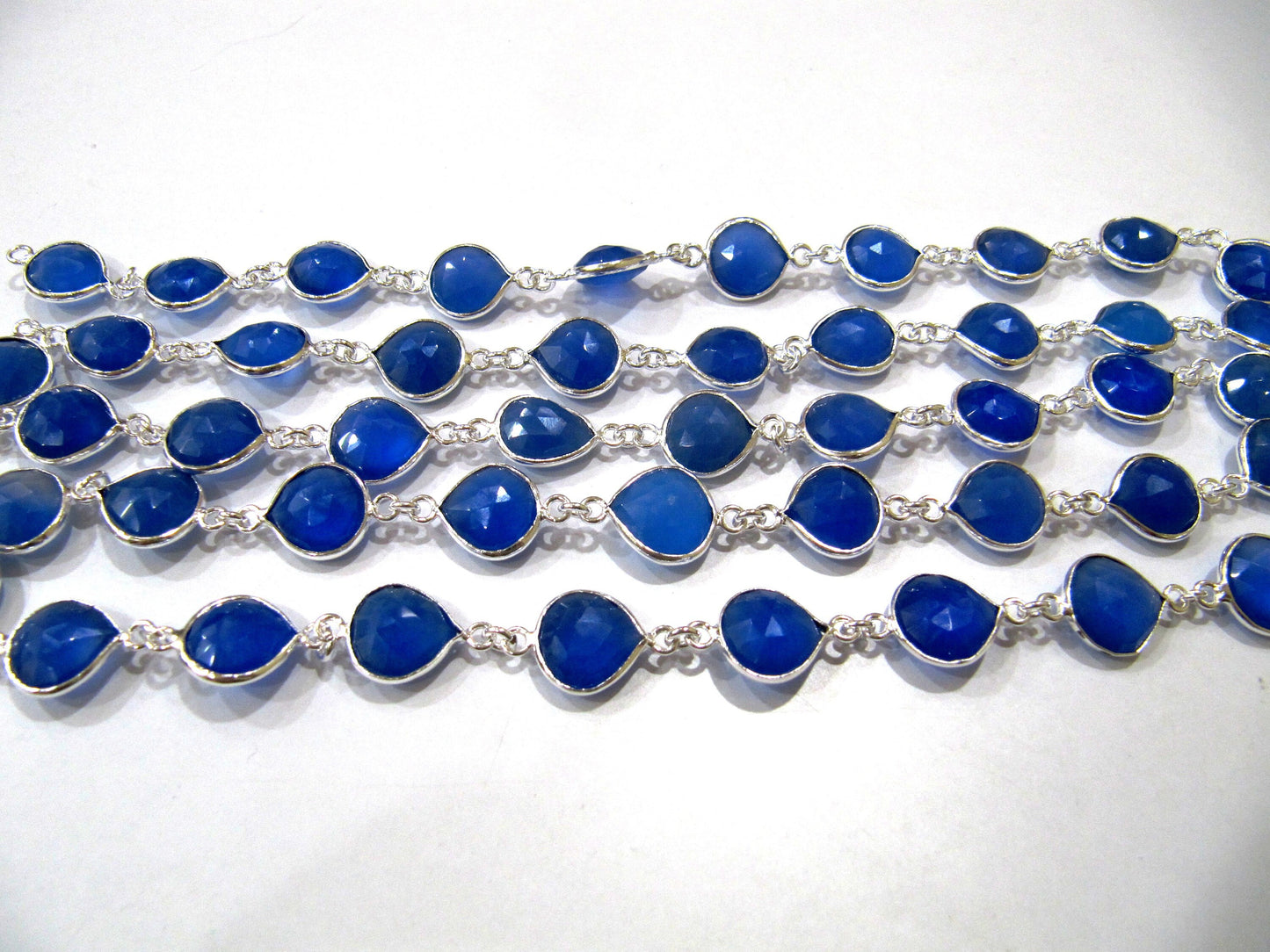 Natural Blue chalcedony 10-12mm Heart Shape Briolette Bezel Connector chain sold Per foot handmade Gemstone Jewllery