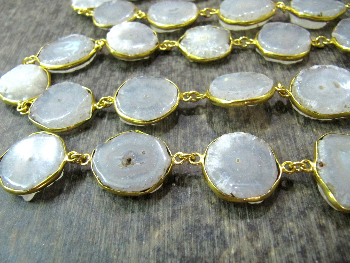 Natural White Solar Quartz Round 15-19mm Stalactite Slice Connector Bezel Chain Sold Per Foot