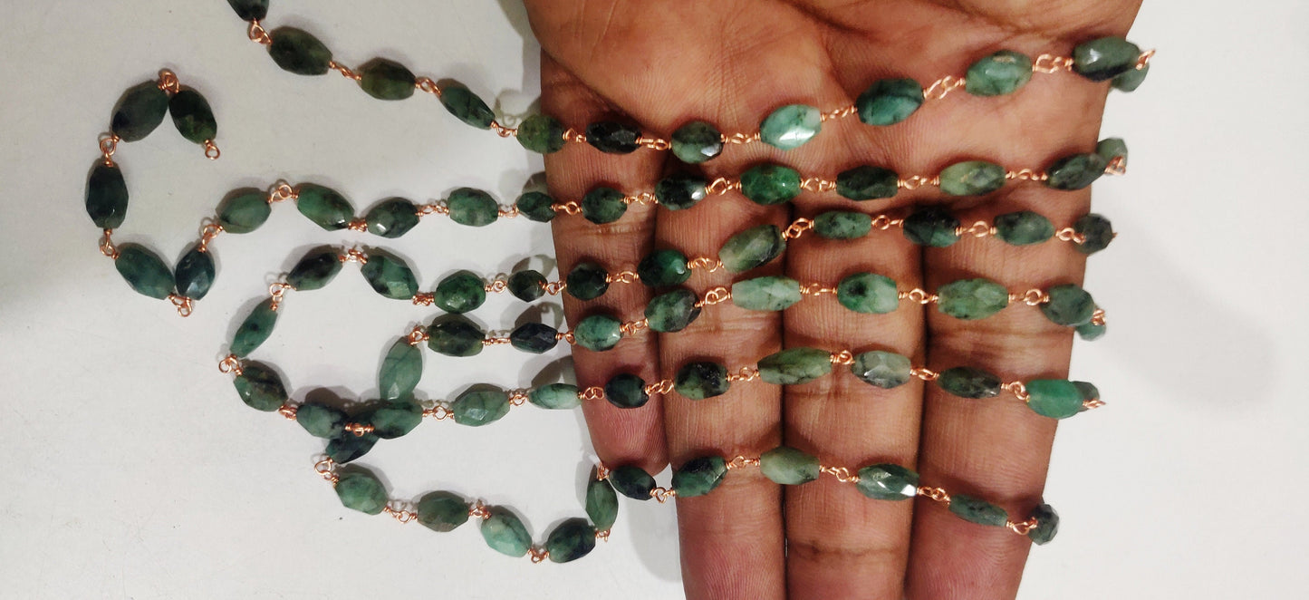 Natural Emerald Oval Faceted Beaded Rosary Chain Birth Gemstone Precious Beads Wholesale Prices Jewelry Making Handmade chain sold by FOOT
