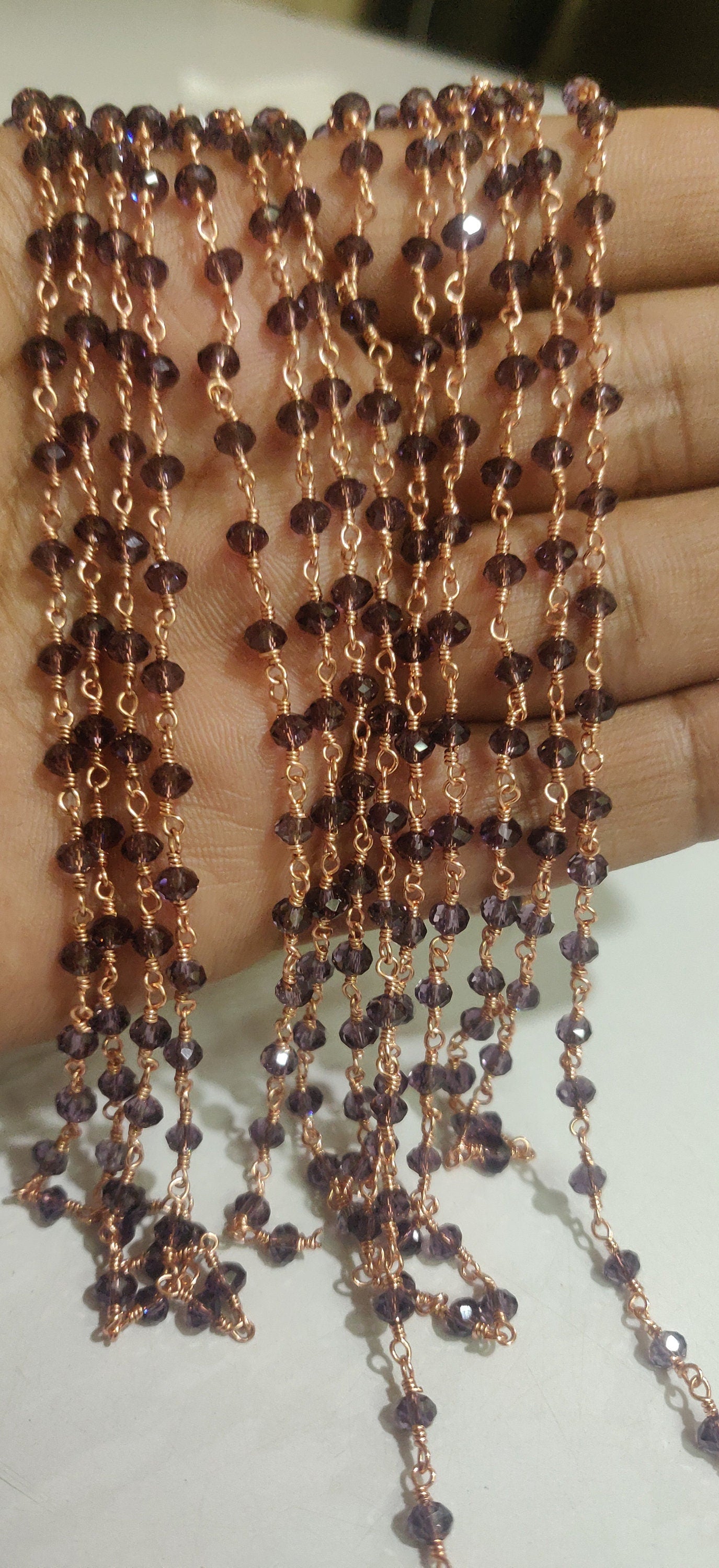 Purple Amethyst Hydro Quartz Rondelle Faceted 3-4mm Size Beaded Wire Wrapped Chain Wholesale Prices Handmade Crystal Chains sold per foot