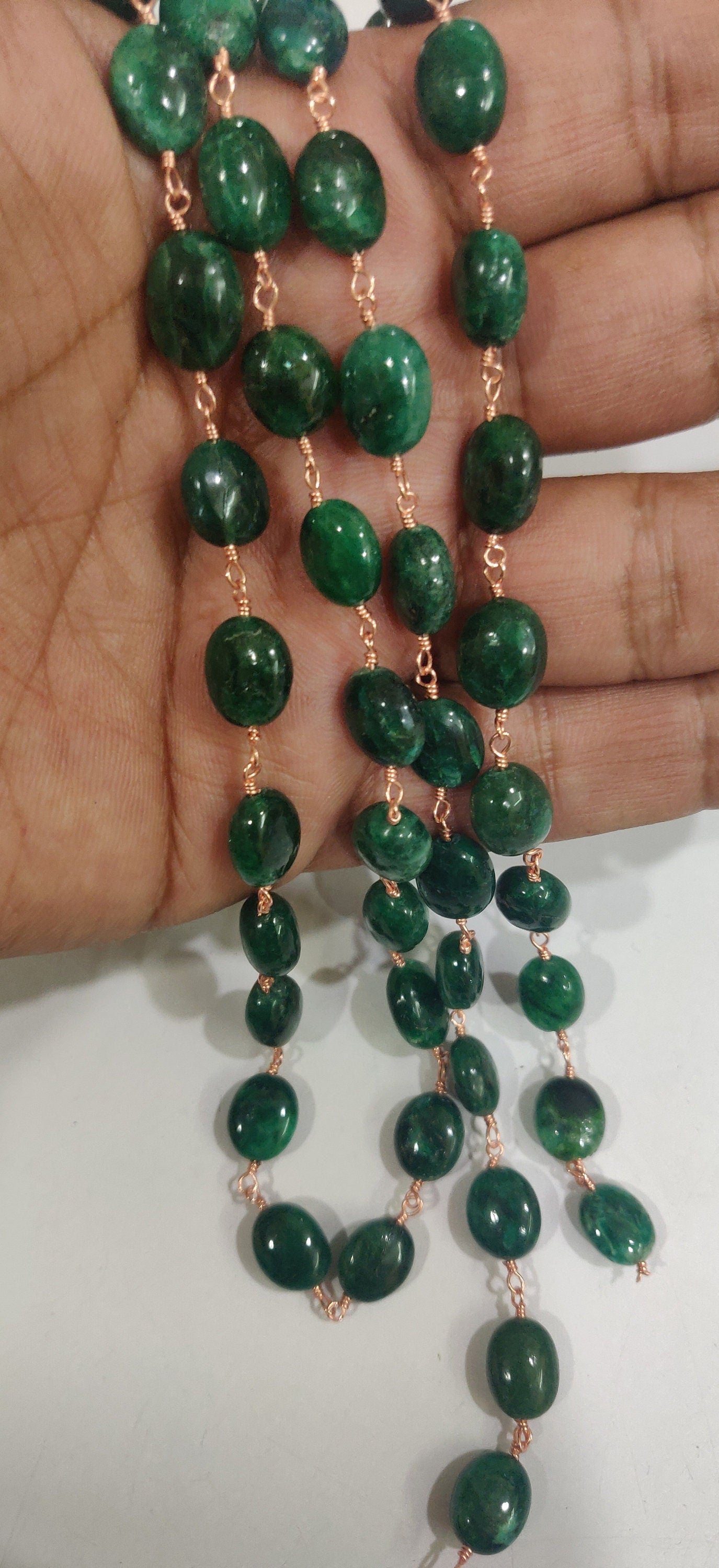 Natural Emerald Rosary Chain Smooth Oval Beads 9mm to 12mm Beryl Emerald Beaded Chain Sold Per FOOT Jewelry Making chain