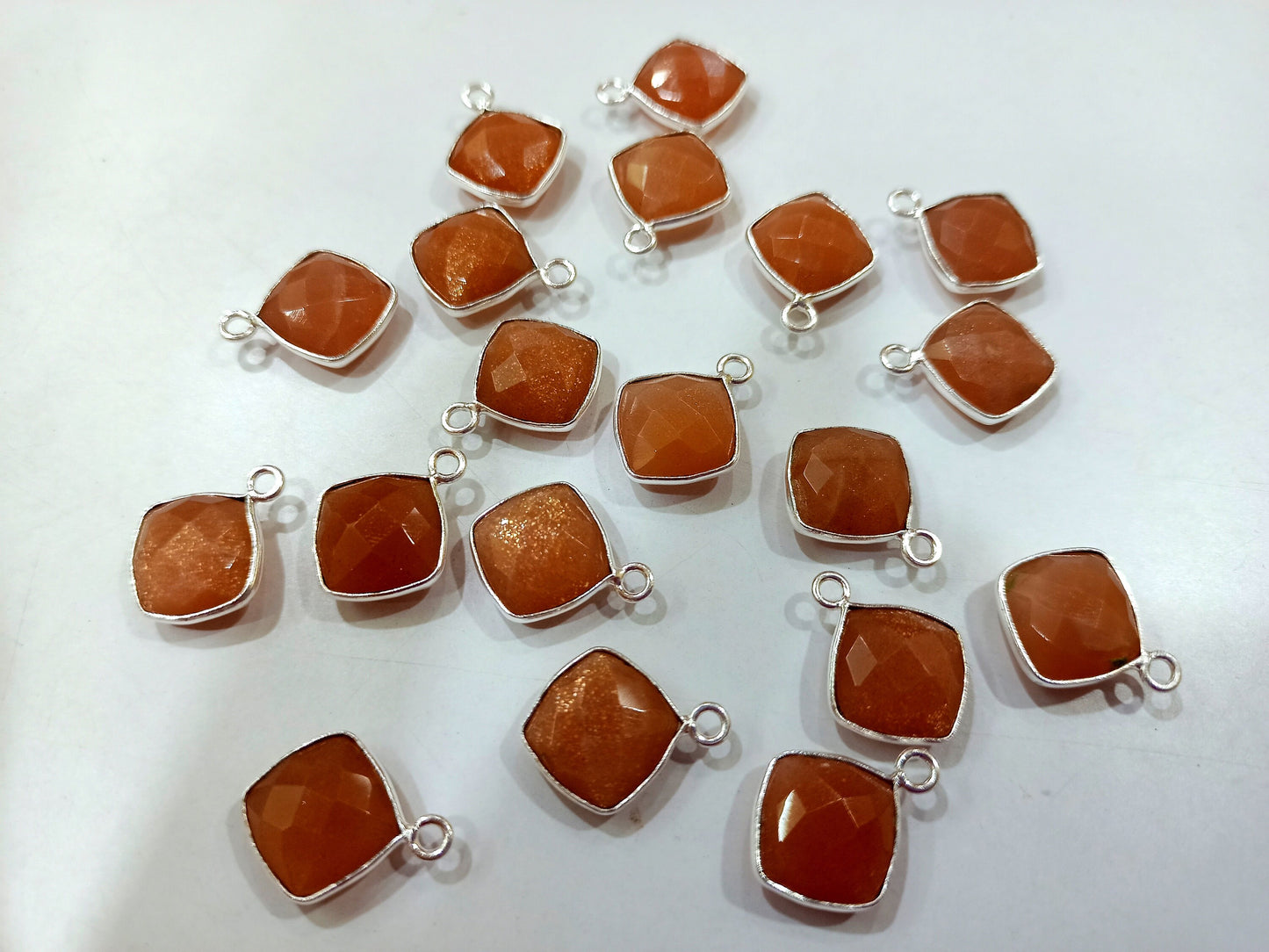 Natural Peach Moonstone Cushion Shape 10mm Briolette connector Bezel Charms Sold Per piece Choose the Loop Pattern