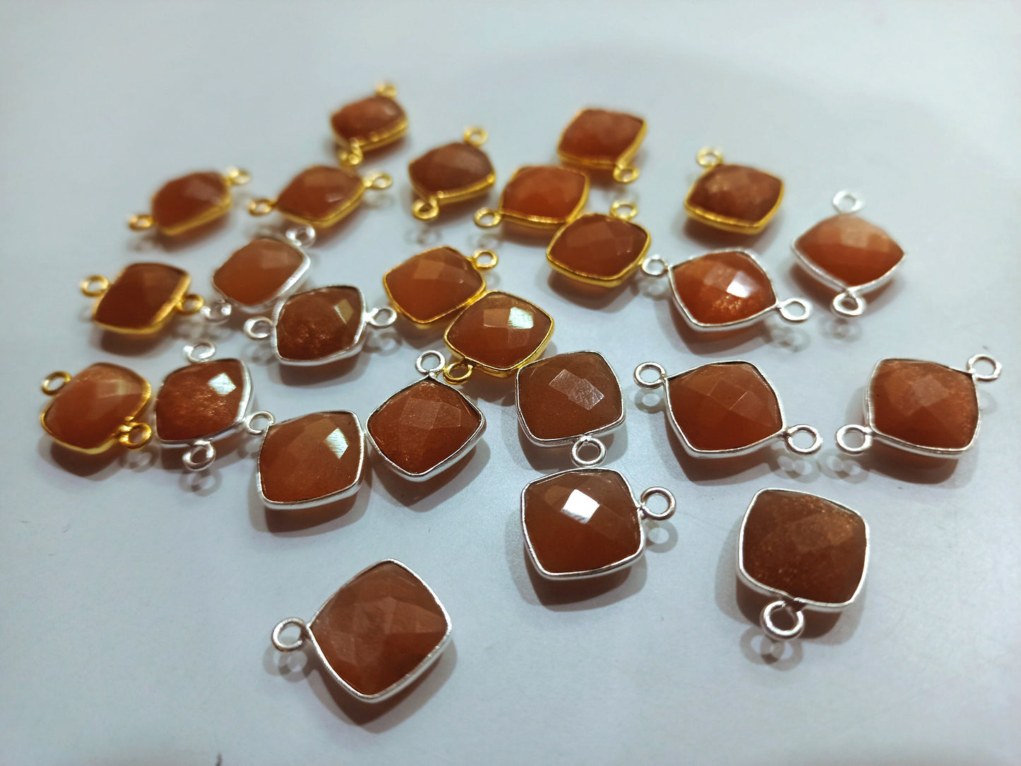 Natural Peach Moonstone Cushion Shape 10mm Briolette connector Bezel Charms Sold Per piece Choose the Loop Pattern