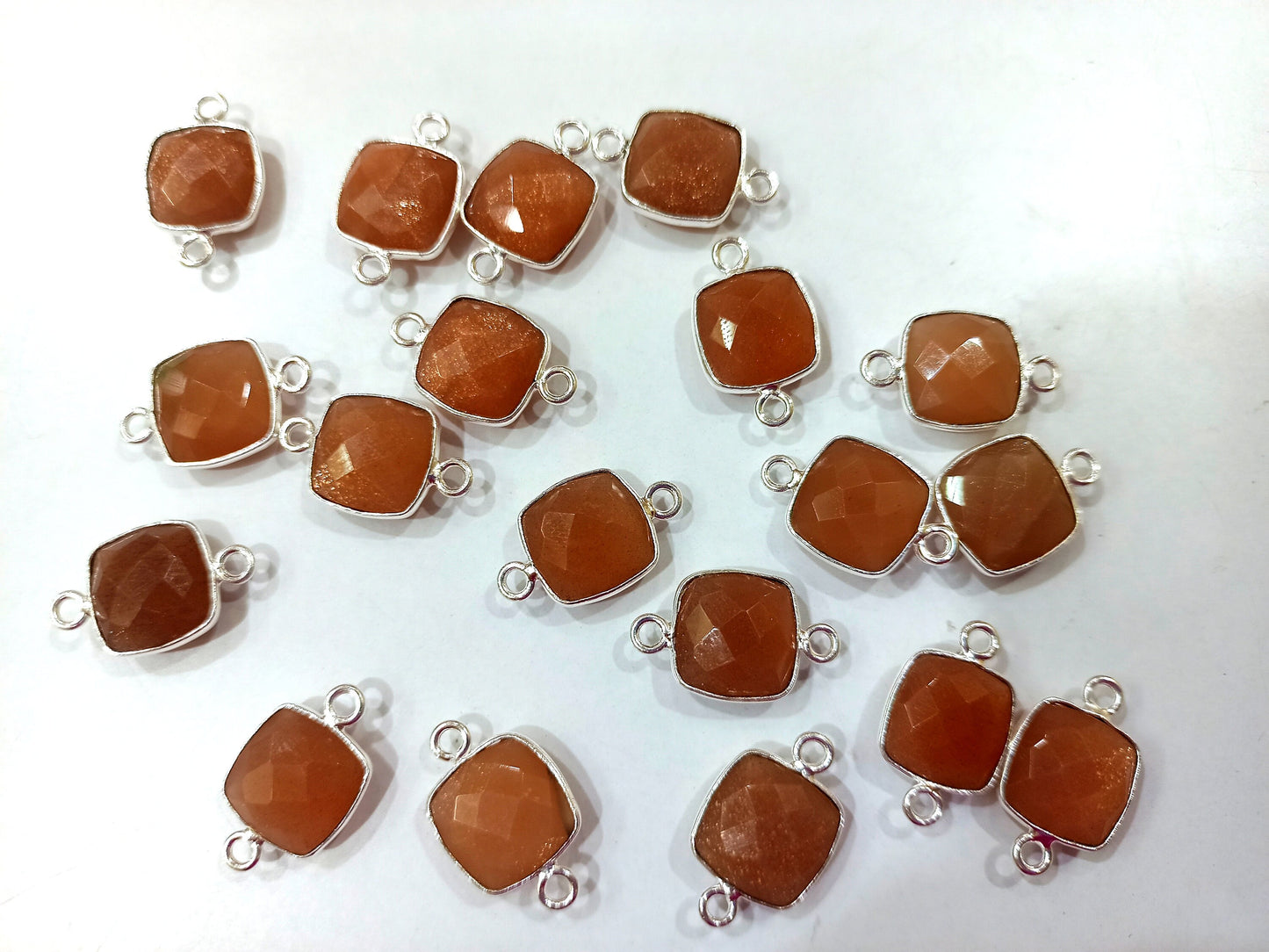 Natural Peach Moonstone Cushion Shape 10mm Briolette connector Bezel Charms Sold Per piece Choose the Loop Pattern
