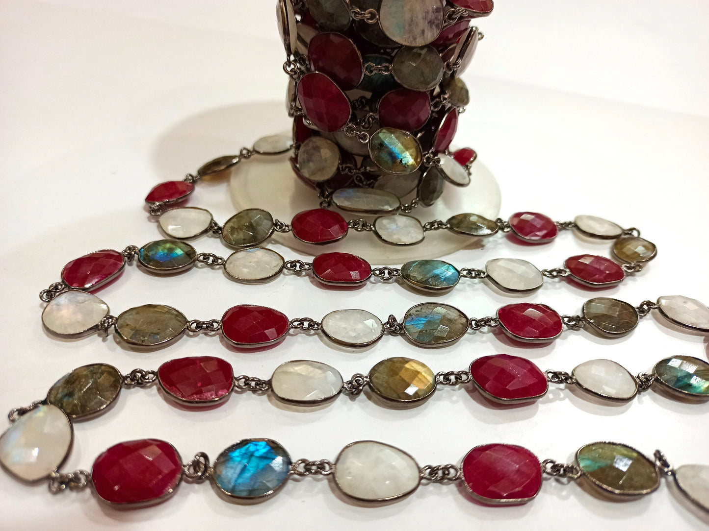 Natural Multi Gemstone Ruby Labradorite Rainbow Moonstone Briolette 12 to 16mm Bezel Connector Chain Sold per foot wholesale Rate