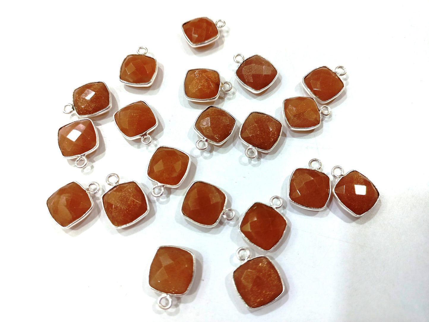 Natural Peach Moonstone Cushion Shape 10mm Briolette connector Bezel Charms Sold Per piece Choose the Loop Pattern