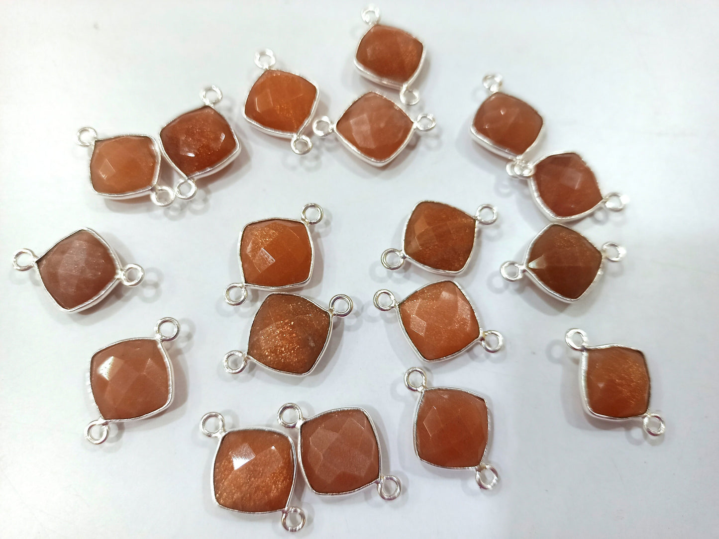 Natural Peach Moonstone Cushion Shape 10mm Briolette connector Bezel Charms Sold Per piece Choose the Loop Pattern