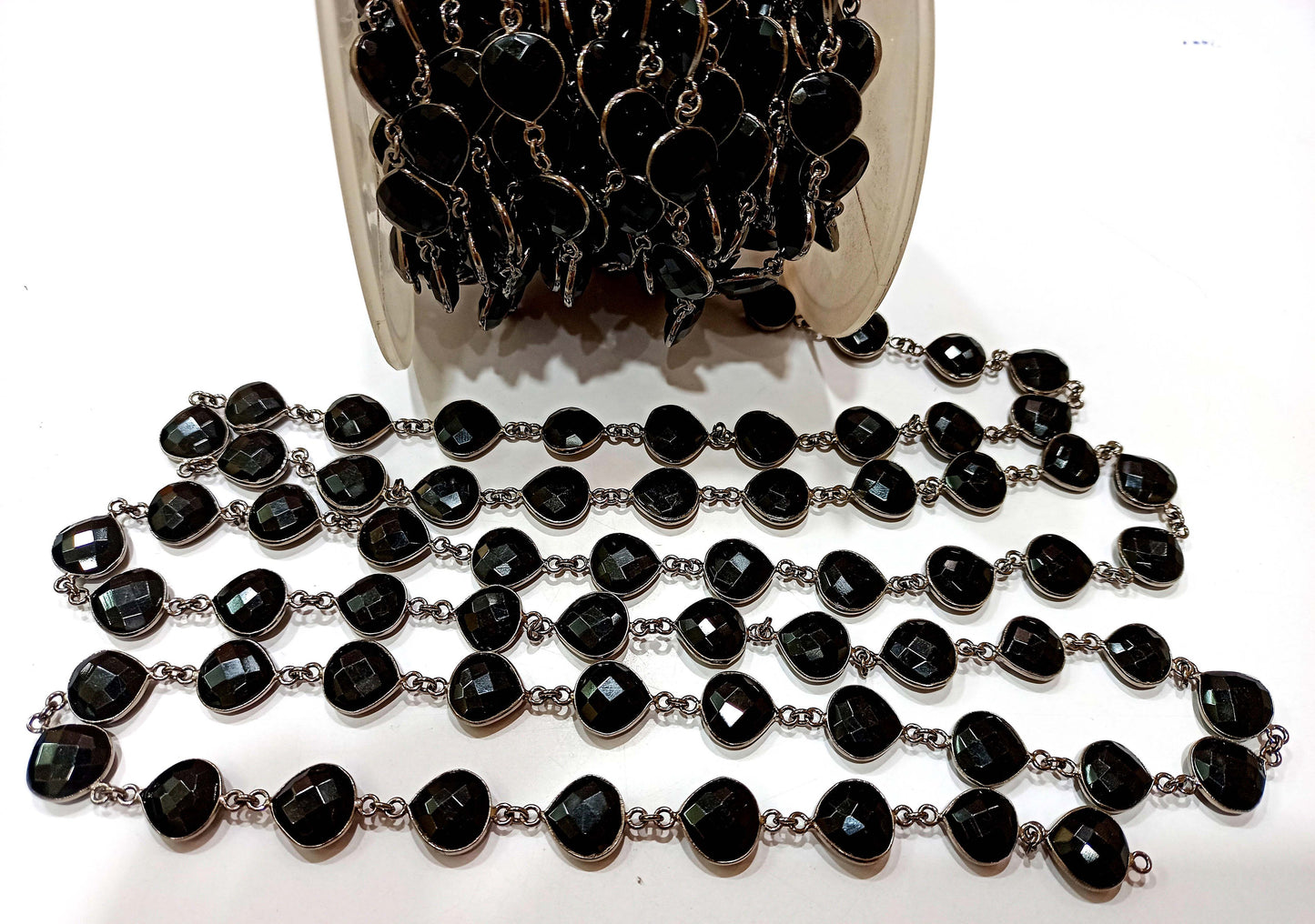 Natural Black Onyx Heart Shape Briolette Faceted 12mm Bezel Connector Chain Sold Per Foot High Quality Wholesale price