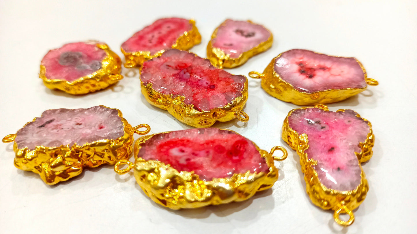 2 Pcs Pink Solar Quartz Stalactite Connectors gold Electroplated Double Loop Bezel Charms