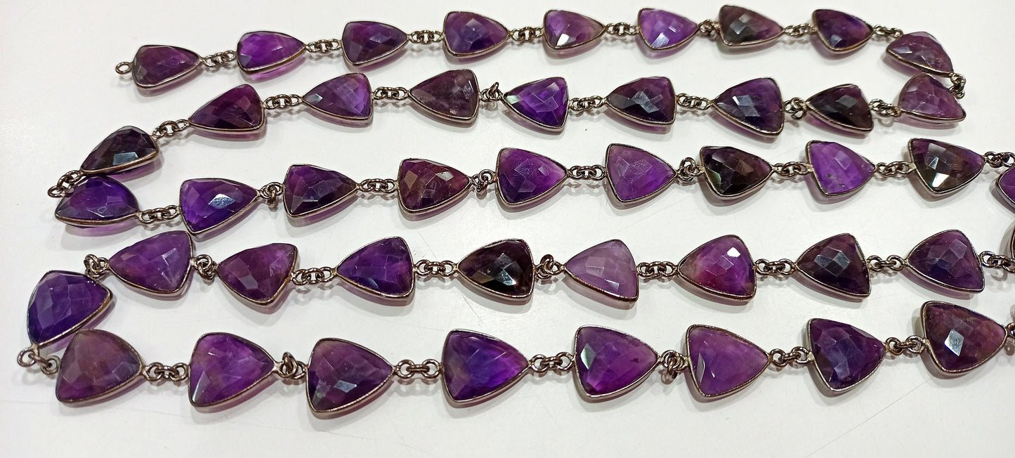 Natural Amethyst Trillion Shape Briolette Faceted Bezel Connector Chain 10x13mm Gold Plated Sold Per Foot High Quality Wholesale Prices