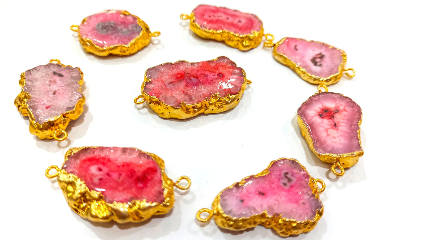 2 Pcs Pink Solar Quartz Stalactite Connectors gold Electroplated Double Loop Bezel Charms