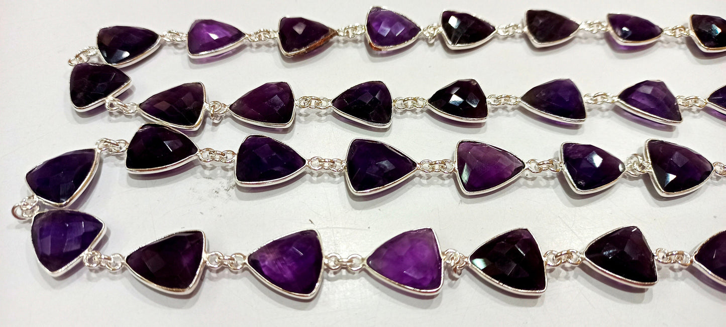 Natural Amethyst Trillion Shape Briolette Faceted Bezel Connector Chain 10x13mm Gold Plated Sold Per Foot High Quality Wholesale Prices
