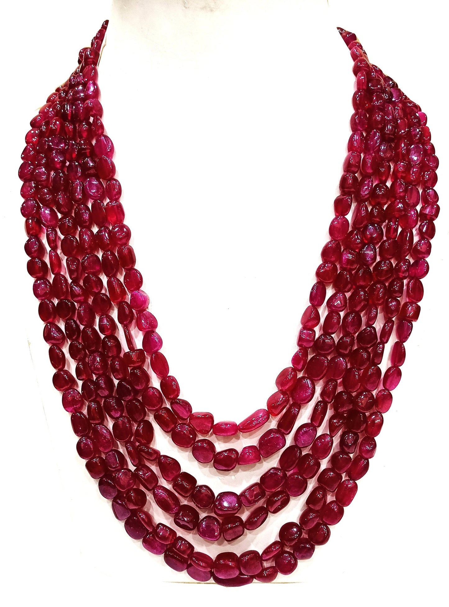 Natural Ruby Nugget shape Beaded Six Layered Necklace 24 Inches long Best Quality Blood Red Ruby Tumbled 8 to 13mm beads
