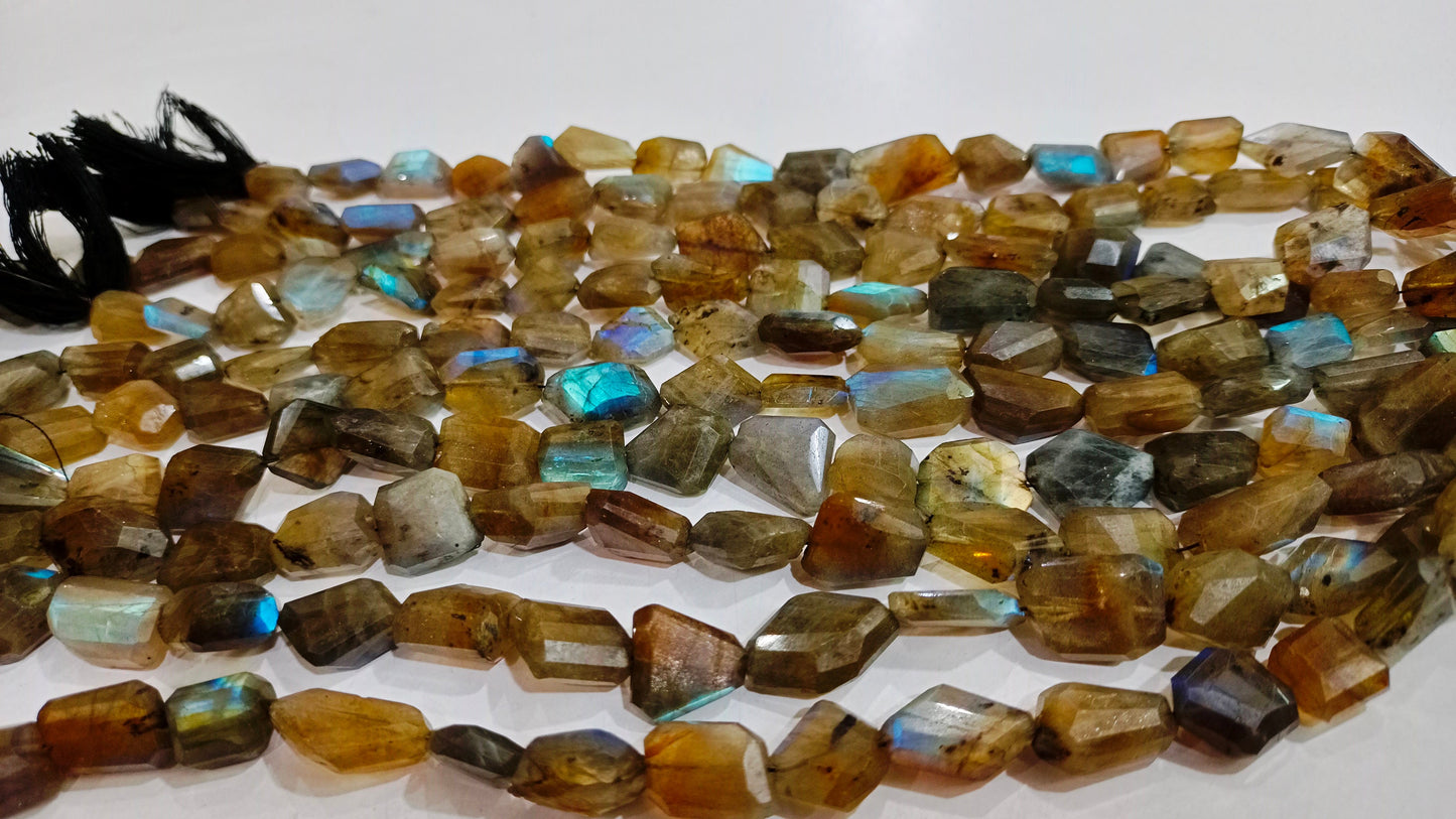 Natural Labradorite Blue Flashy Briolette Laser Cut Faceted Nugget Shape 10 to 15mm Tumbled Beads Sold Per Strand 8 Inches Long