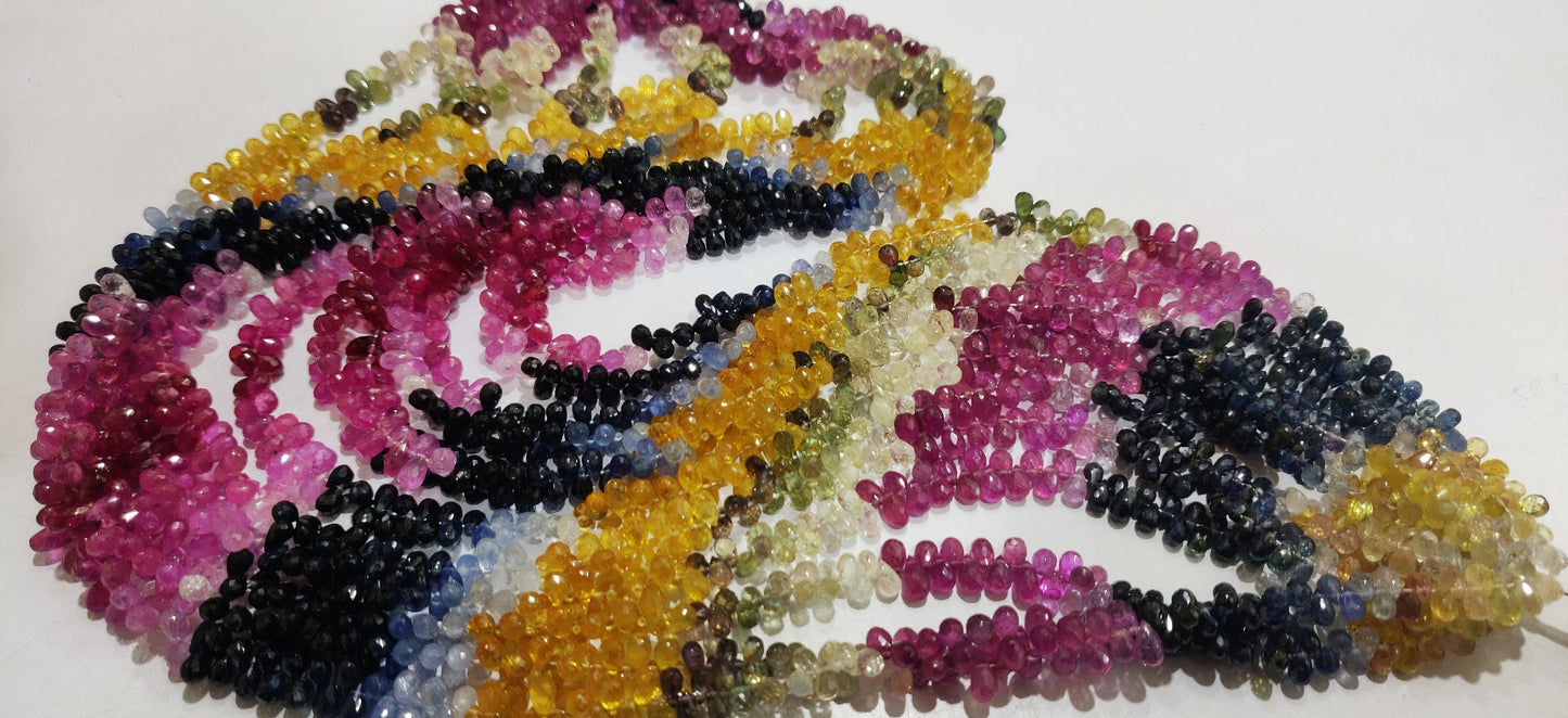 Natural multi Sapphire Teardrop Precious Gemstone Beads 3x5mm to 4x6mm Beads Choose the Length of strands