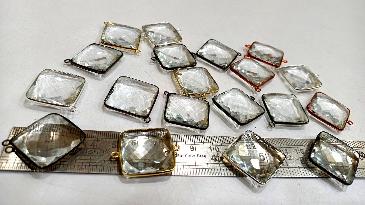 Natural Rock Crystal Quartz Square Cushion Shape Briolette 25 mm Bezel Connector Charm Sold per Piece