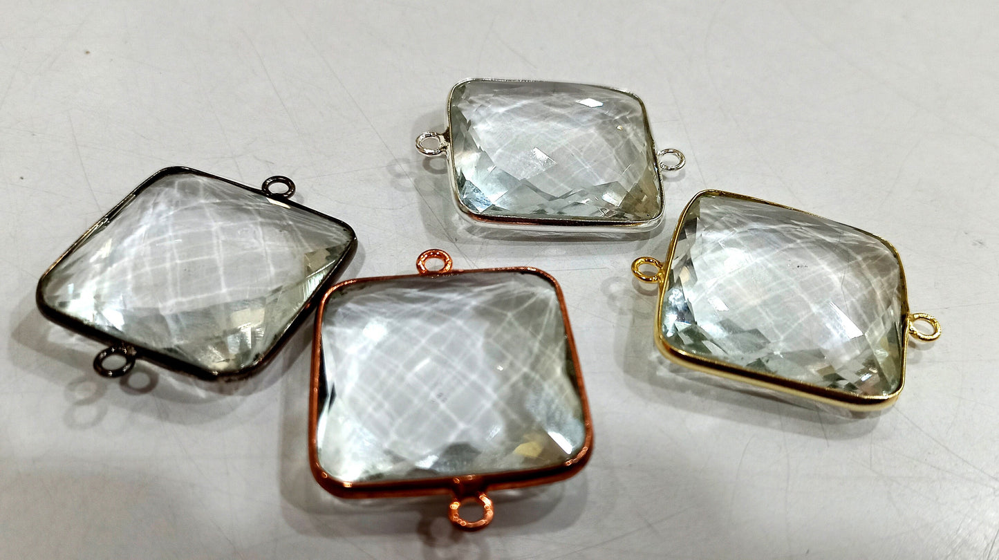 Natural Rock Crystal Quartz Square Cushion Shape Briolette 25 mm Bezel Connector Charm Sold per Piece