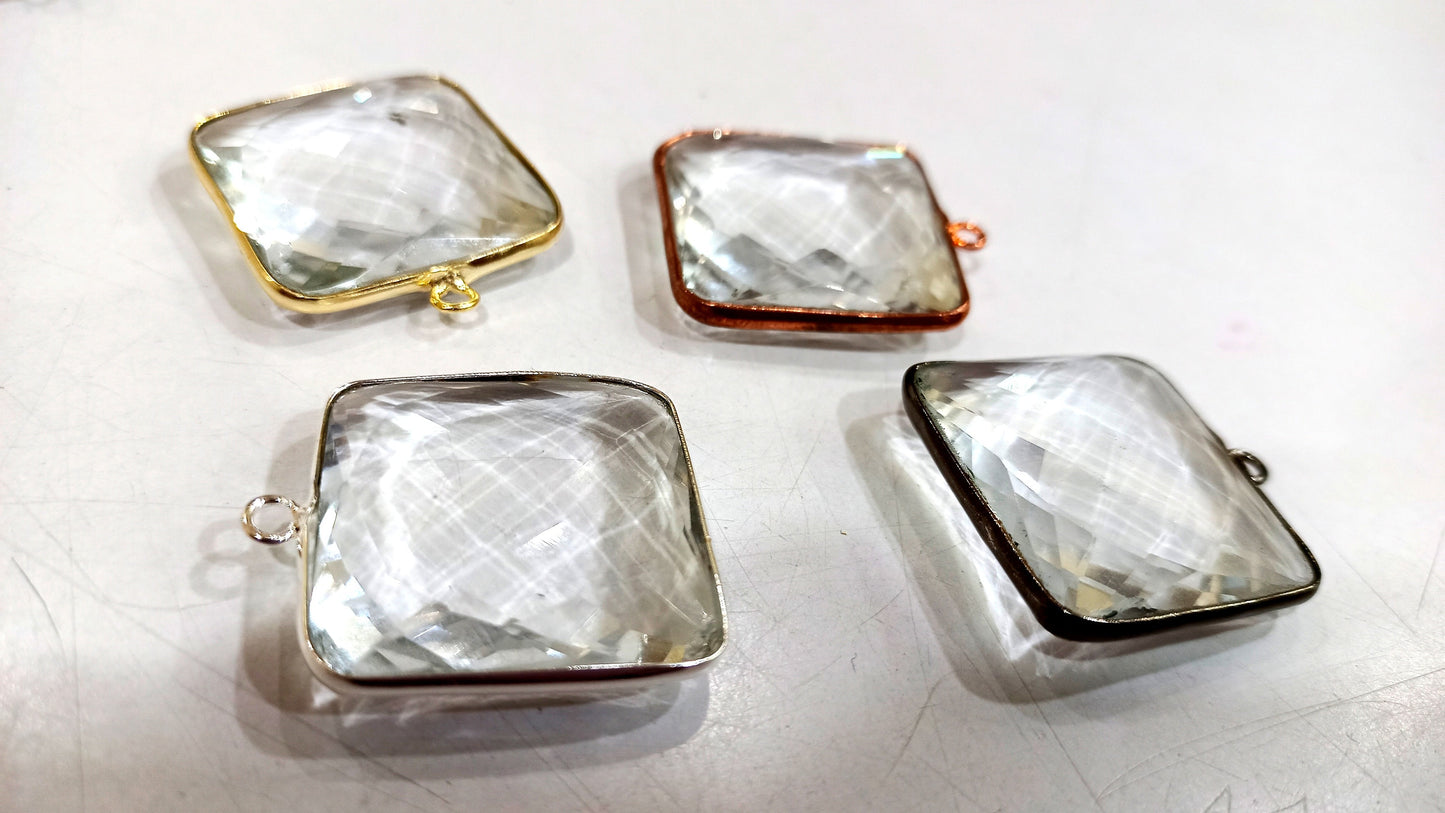 Natural Rock Crystal Quartz Square Cushion Shape Briolette 25 mm Bezel Connector Charm Sold per Piece