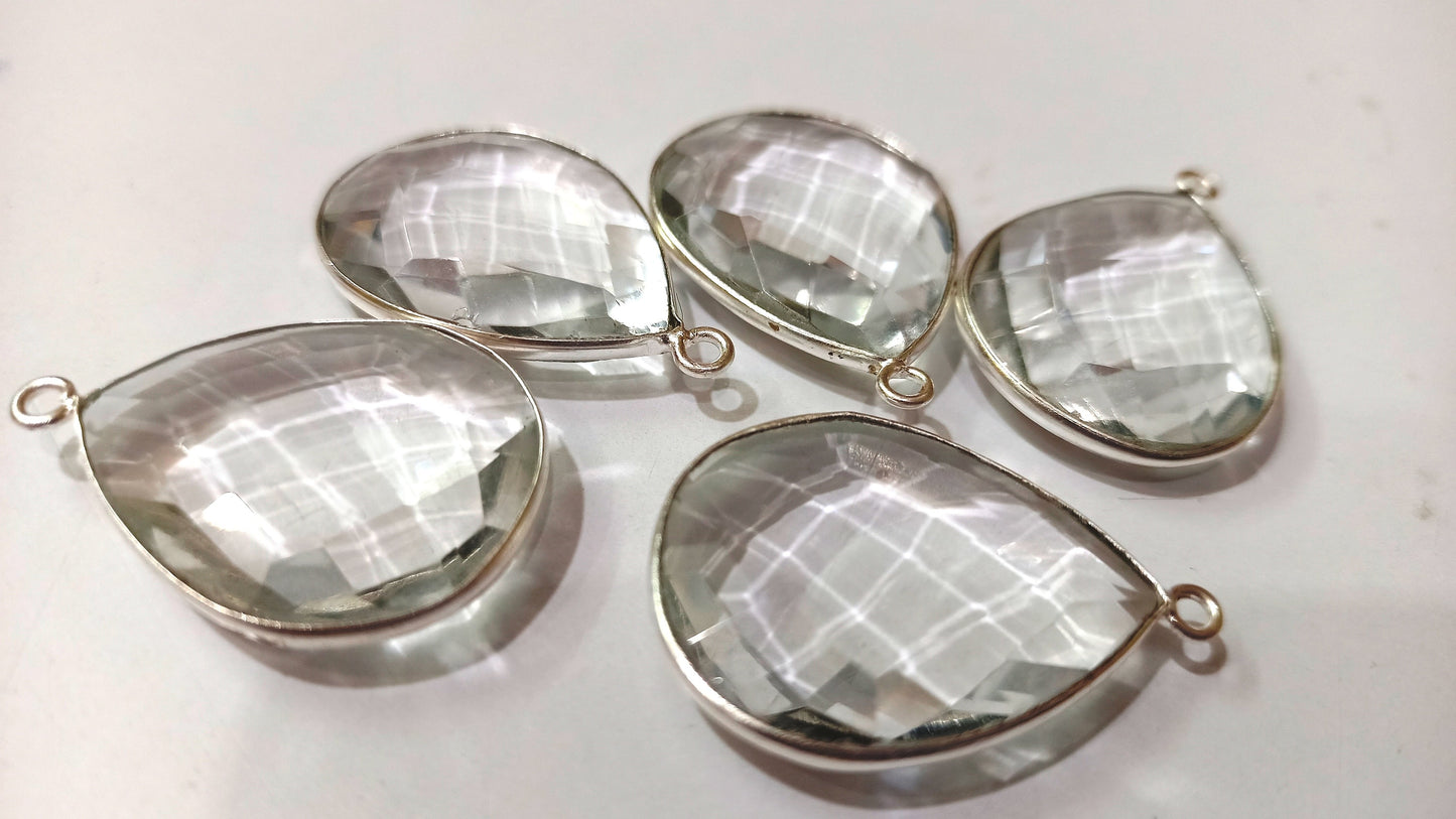 Natural Rock Crystal Pear Shape Briolette Single Loop Bezel Connector Charm Sold per Piece Great Quality Connector Charms