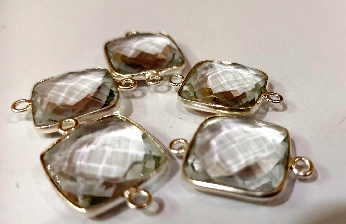 Natural Rock Crystal Square Cushion Shape Briolette 15mm Double Loop Bezel Connector Charm Sold per Piece Great Quality Connector Charms
