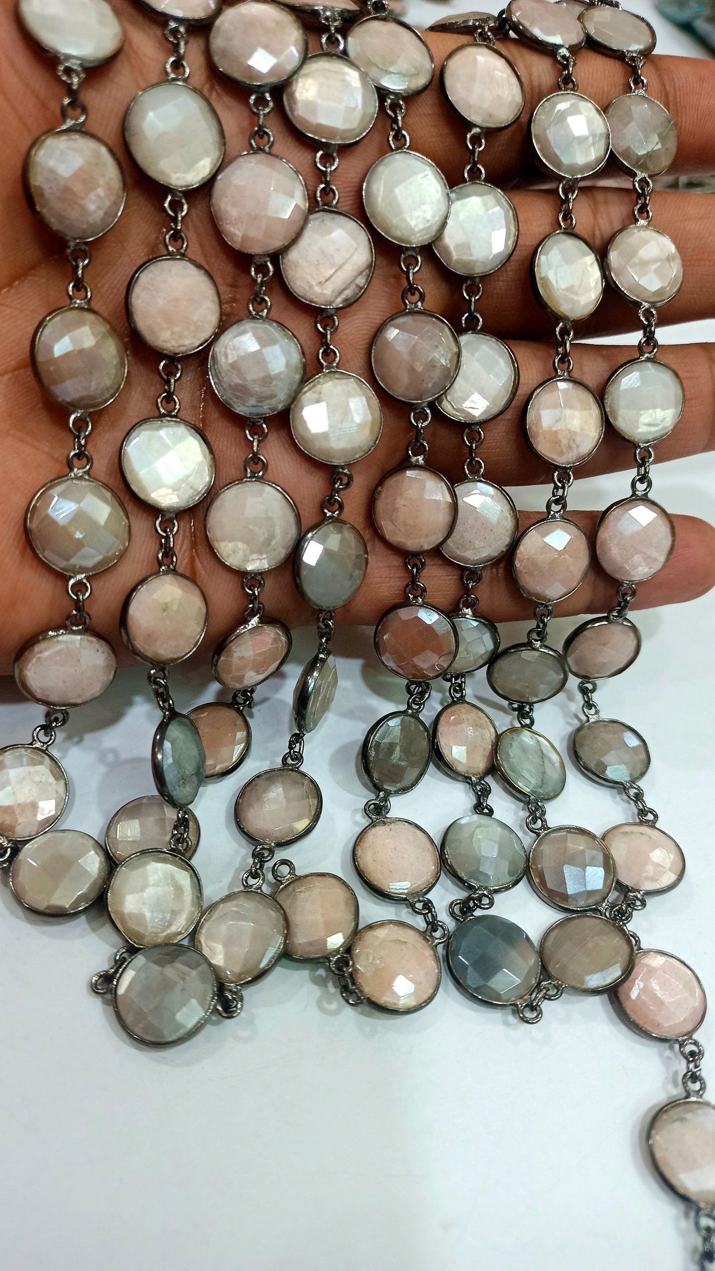 Natural Multi Moonstone Coin Shape Briolette Mystic Coated 12mm Bezel Connector Chain Sold Per Foot