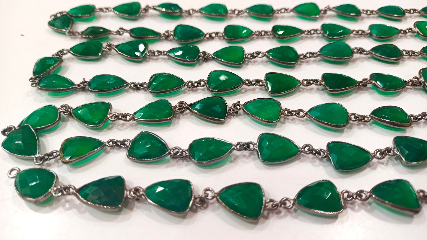 Natural Green Onyx Trillion Shape Briolette Faceted Bezel Connector Chain 10x13mm Gold Plated Sold Per Foot High QualityWholesale Price