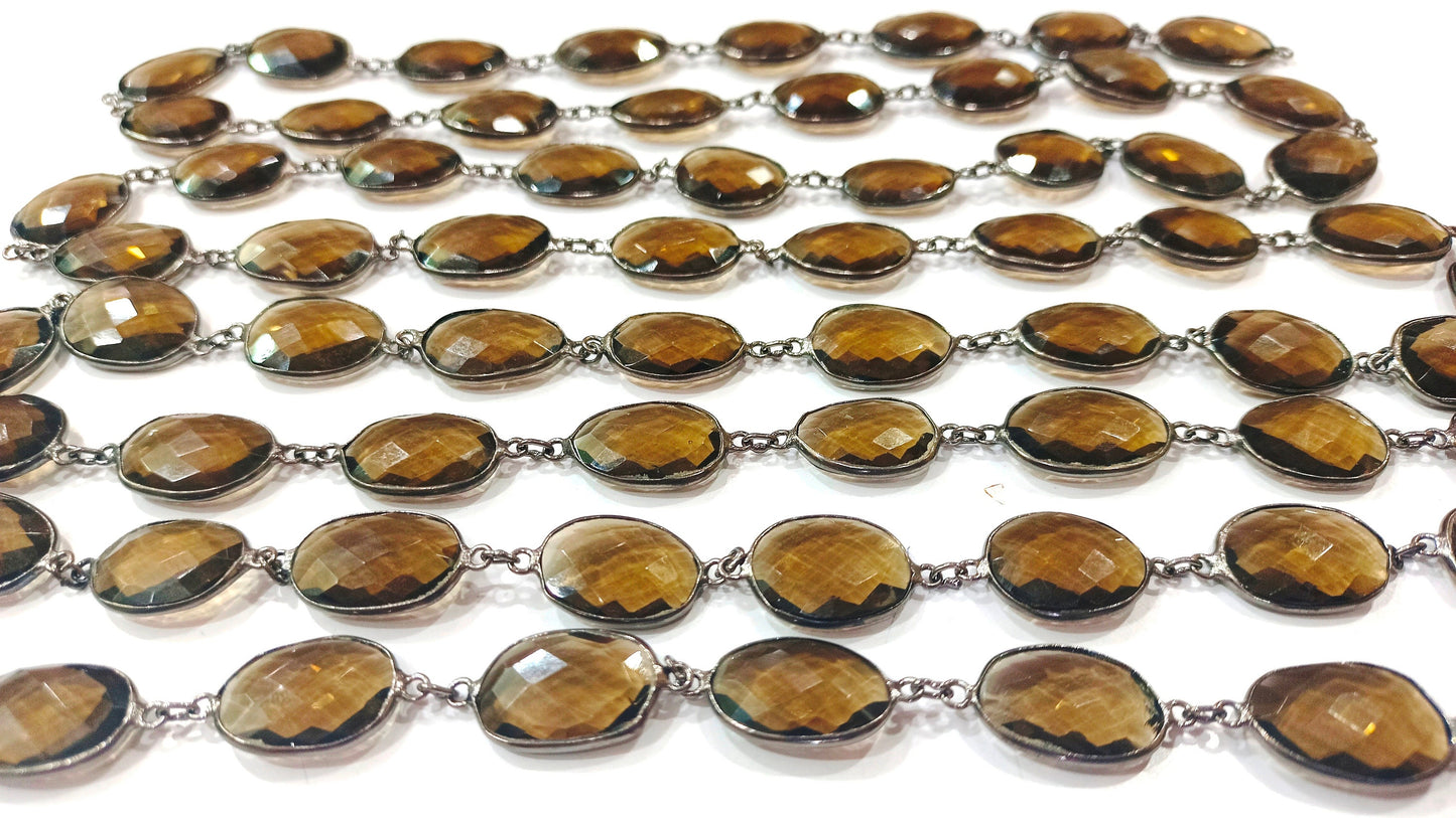 Natural Smoky Quartz Free Shape Briolette Faceted Bezal Connector Chain 12 to 15mm Sold Per Foot jewelry making Chain