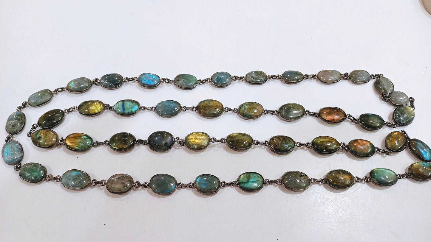 Natural Labradorite Blue Flashy Oval Shape Plain Smooth Cabochon 12x16mm Bezel Connector Necklace 40 Inches Long Black Oxidized