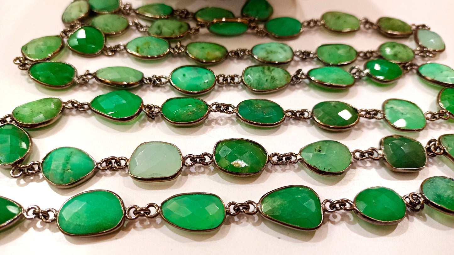 Natural Chrysoprase Connector Uneven Free Shape Briolette Faceted Bezel Connector Chain 12 to 14 mm Gemstone bezel Chain Sold Per Foot