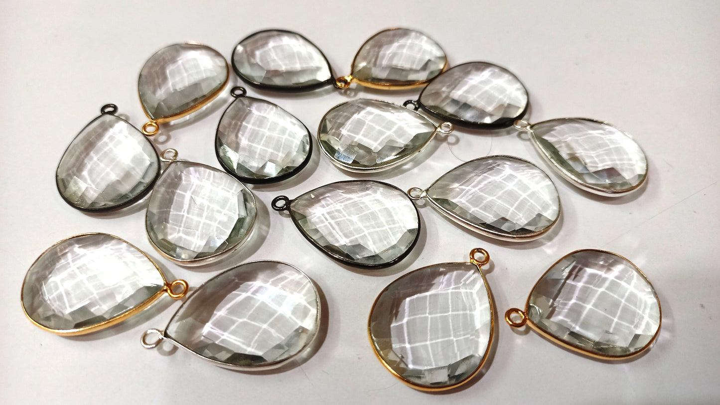 Natural Rock Crystal Pear Shape Briolette Single Loop Bezel Connector Charm Sold per Piece Great Quality Connector Charms