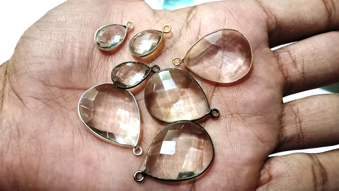 Natural Rock Crystal Pear Shape Briolette Single Loop Bezel Connector Charm Sold per Piece Great Quality Connector Charms