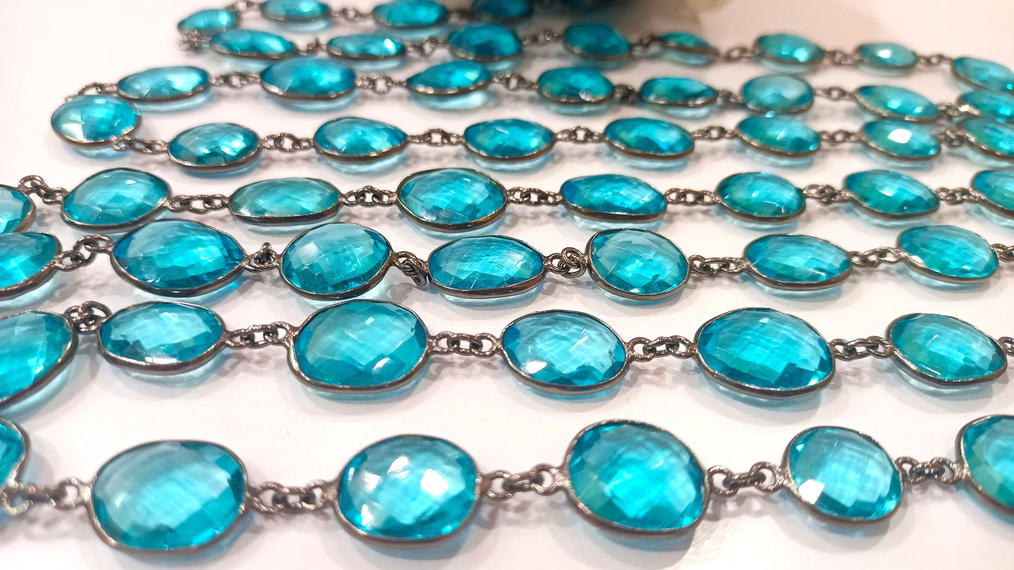 Sky Blue Topaz Quartz Free Shape 12 to 15 mm bezel connector Chain Sold Per Foot Black Oxidized Great Quality Chain