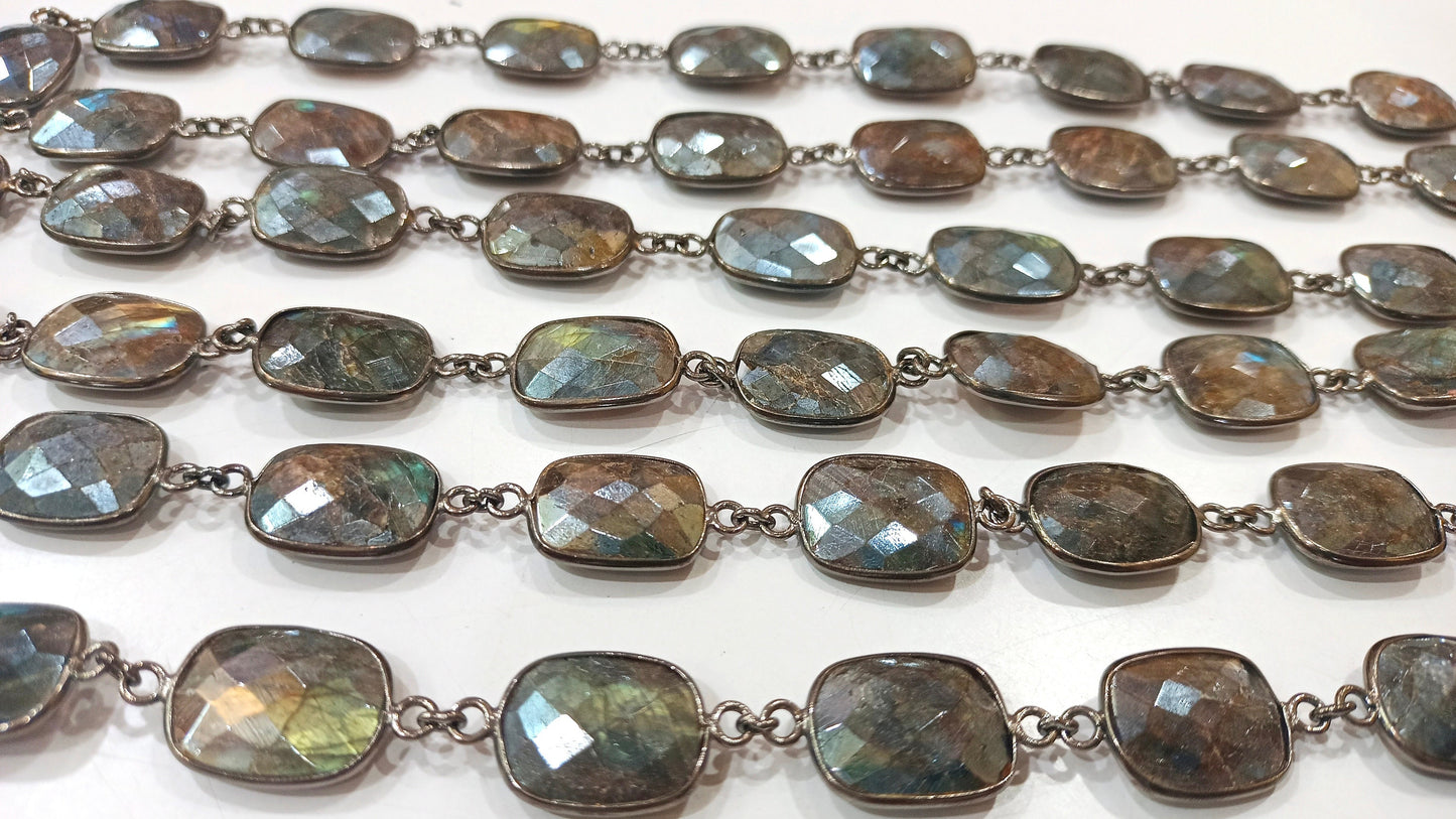 Natural Labradorite Mystic Coated Cushion Shape Briolette 14x18mm Bezel Connector Chain Sold Per Foot Great Quality Chain
